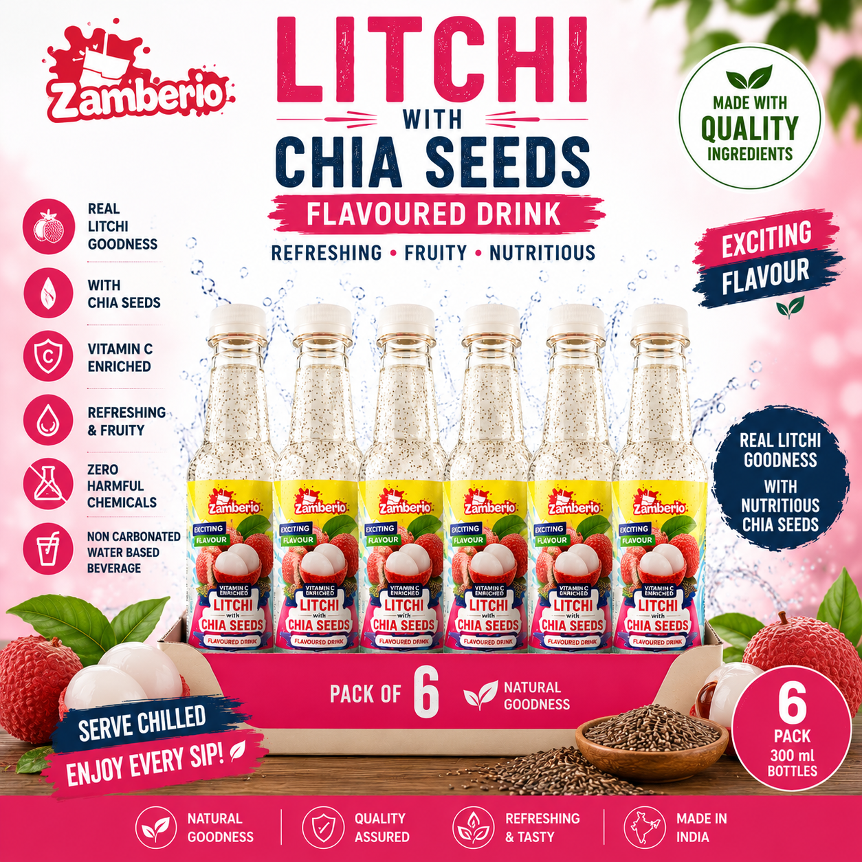 Zamberio Litchi with Chia Seeds Flavoured Drink – Pack of 6